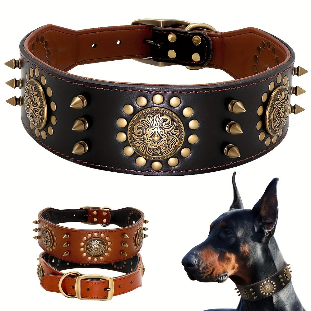 Durable Leather Spiked Dog Collar for Training and Hiking